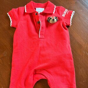 BURBERRY Boy's 0-3M Short Sleeve Collared Red Onesie with Plaid Pattern Bear